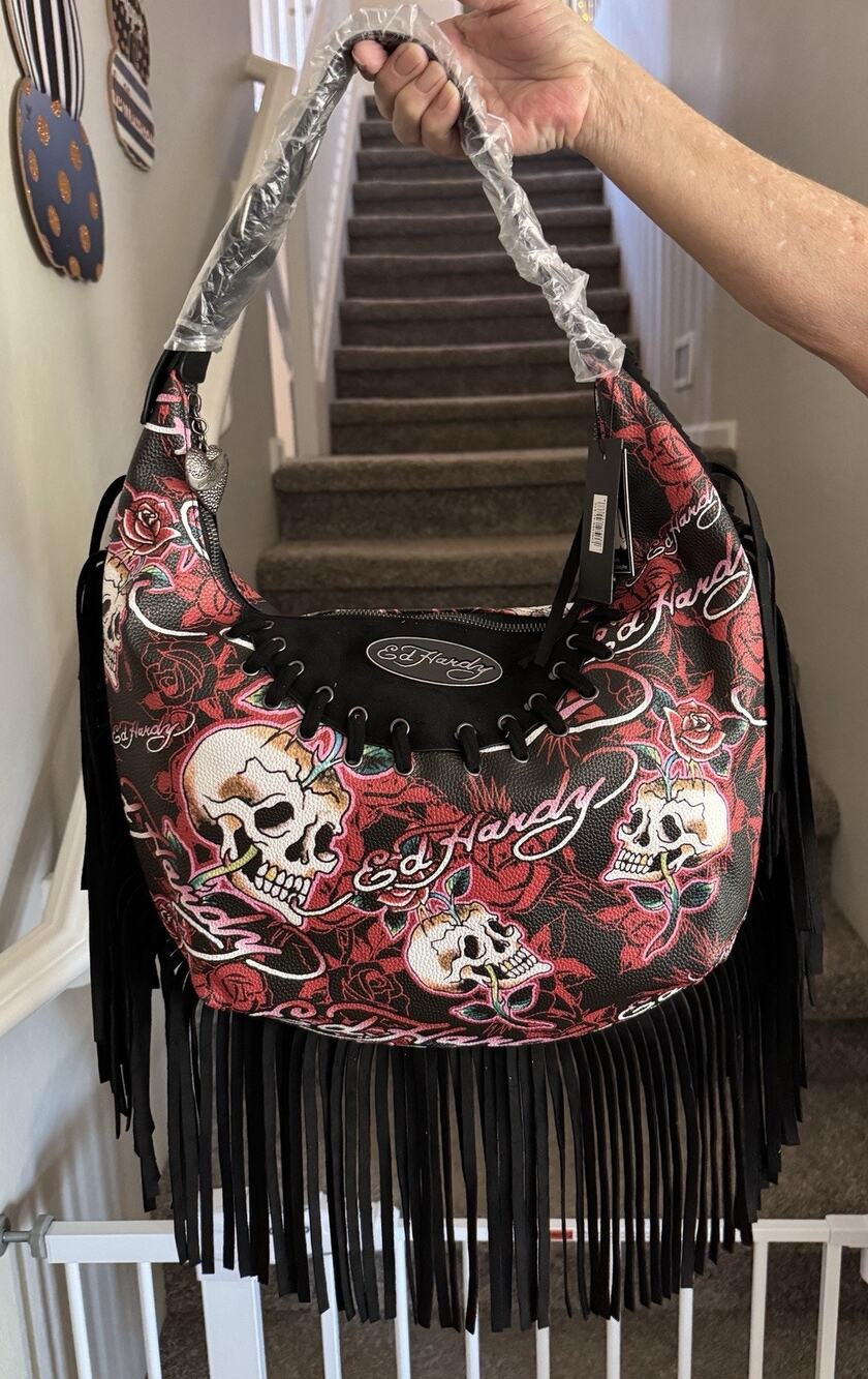 NEW Ed Hardy Fringed Hobo Shoulder Bag - Skulls & Roses - Red Tattoo Logo NWT